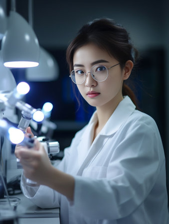 Discovering cure Concentrated young female scientist holding test tube and looking at it while sitting at her working place : Generative AIの素材