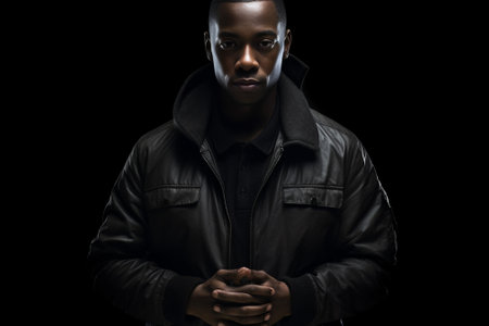 Elegance and masculinity Portrait of thoughtful young African man in smart casual jacket holding hand clasped near face and looking at camera while standing against grey  : Generative AIの素材