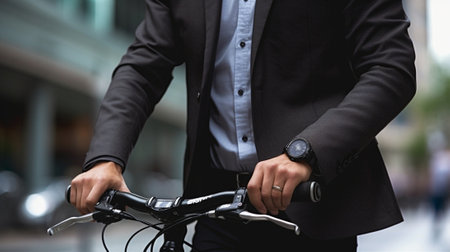 Elegant style Closeup of young businessmanholding hat and adjusting his jacket while standing near his bicycle against grey background : Generative AIの素材