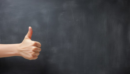 Excellent Closeup of man in formalwear showing his thumb up while standing against blackboard : Generative AIの素材