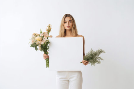 Copy space for your message Closeup of copy space on the commercial sign with woman arranging flowers on the background : Generative AIの素材