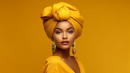 Fashionable African woman in traditional headwear standing against yellow background : Generative AIの素材