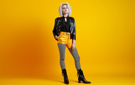 Fashionable young woman in trendy clothes standing against colored background : Generative AIの素材