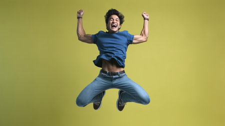 Free jumping Midair shot of handsome young man jumping and gesturing against background : Generative AIの素材