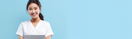 Copy space on her hand Confident female doctor in white uniform holding copy space and smiling while standing against grey background : Generative AIの素材