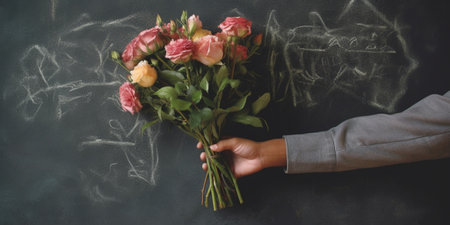Copy space for your message Closeup of copy space on the commercial sign with woman arranging flowers on the background : Generative AIの素材
