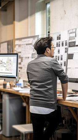 Developing new project Thoughtful young man writing something down while working in the creative working space : Generative AIの素材