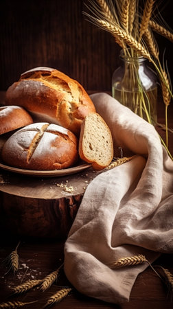 Fresh bread High angle shot of freshly baked bread and closed menu lying on rustic table : Generative AIの素材