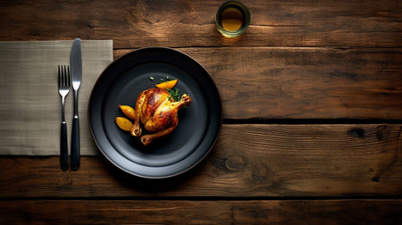 Easter dinner Top view of Easter eggs in bowl and plate with fork and knife lying on wooden rustic table with hay : Generative AIの素材