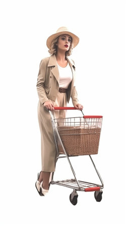 Extreme shopping Playful young woman in headwear and glasses riding in shopping cart against grey background : Generative AIの素材