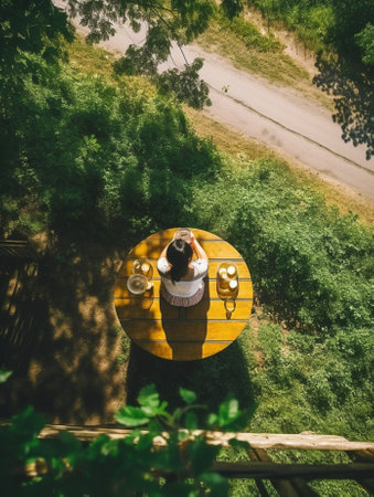 Enjoying healthy lifestyle together Top view o cheerful young man pouring fresh lemonade to his girlfriend while preparing food on the wooden desk outdoors : Generative AIの素材