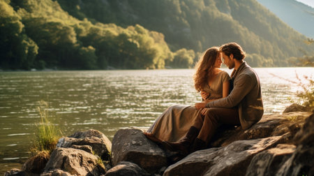 Enjoying every minute together Beautiful young couple embracing while resting on the river shore : Generative AIの素材
