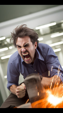 Feeling so angry now Angry young man looking at camera and making a face while standing against grey background : Generative AIの素材