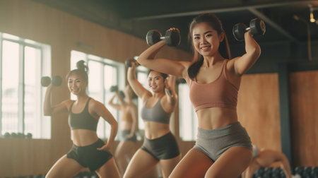 Getting fit with smile Young beautiful women in sportswear with perfect bodies exercising with dumbbells and looking at camera with smile at gym : Generative AIの素材