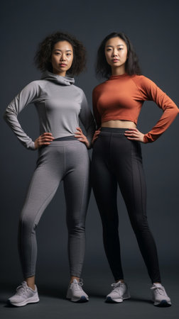 Extremely beautiful Full length of two attractive mixed race women looking at camera while standing against brown background : Generative AIの素材