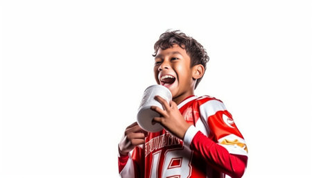 Giving himself to the game American football player screaming and keeping arms outstretched while standing against white background : Generative AIの素材