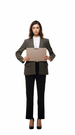 Copy space on her clipboard Businesswoman demonstrating empty paper on a clipboard while standing against white background : Generative AIの素材
