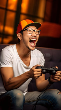 Excited man playing video games and gesturing while sitting on the couch with yellow background : Generative AIの素材
