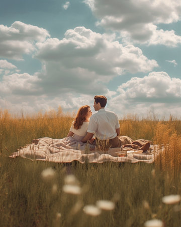 Enjoying their freedom Beautiful young couple embracing and looking away with smile while sitting on the field : Generative AIの素材