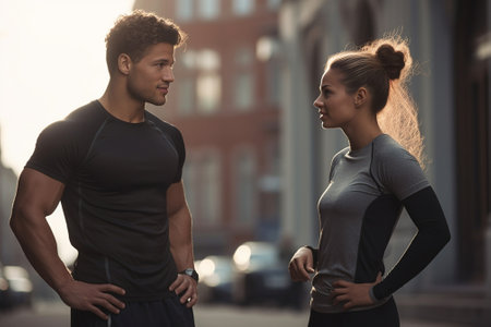 Full length of fit young couple in sports clothing warming up and stretching while practicing outdoors on the city street : Generative AIの素材