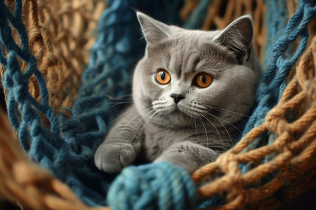 Cute and playful Cute little Scottish fold kitten looking away while sitting near the tangled wool : Generative AIの素材