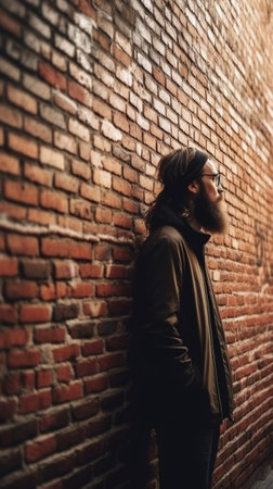 Cool and trendy Confident young bearded man holding hand behind head and looking away while standing against brick wall : Generative AIの素材