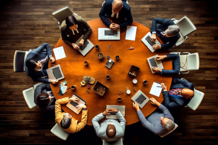 Day meeting Top view of modern young people communicating while working together in the board room : Generative AIの素材