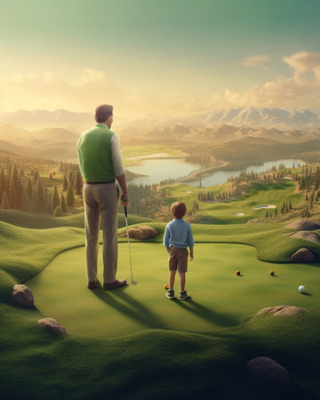 Enjoying great game together Smiling young man and his son looking at each other while standing on the golf course : Generative AIの素材