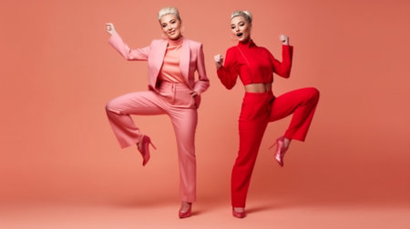 Doing whatever they want Full length of two beautiful young women smiling while posing against pink background : Generative AIの素材