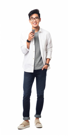 Good talk with friend Handsome young man talking on the mobile phone and smiling while standing against white background : Generative AIの素材