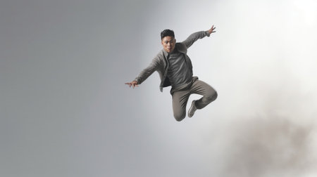 Falling down Midair shot of handsome young man falling against grey background : Generative AIの素材