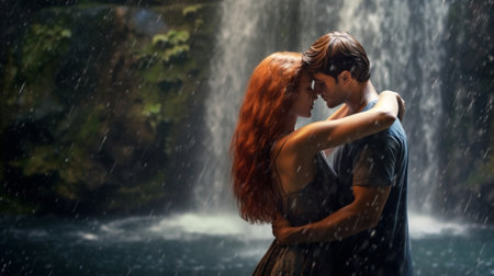 Enjoying the beauty of nature Full length rear view of young couple embracing while standing near the waterfall : Generative AIの素材