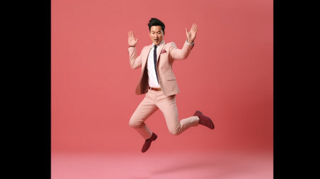 Excited mature man in full suit jumping and gesturing against pink background : Generative AIの素材