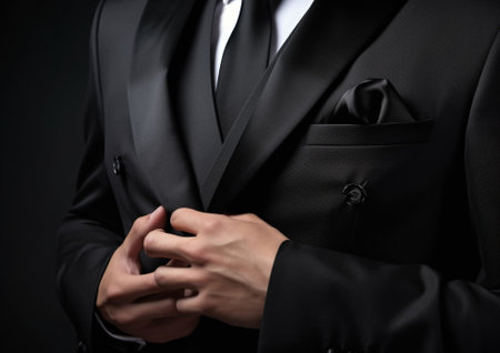 Everything must be perfect Close up of young man in full suit adjusting jacket while standing indoors : Generative AIの素材