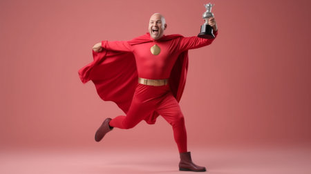 Furious man with superhero cape carrying cleaning equipment while against red background : Generative AIの素材