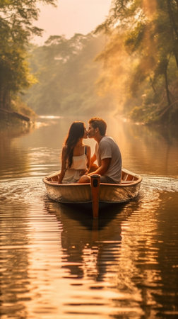 Enjoying every minute together Beautiful young couple kissing while rowing a boat : Generative AIの素材