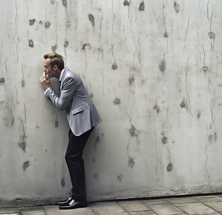 Examining blueprint Handsome young man examining blueprint while standing outdoors and against the concrete wall : Generative AIの素材
