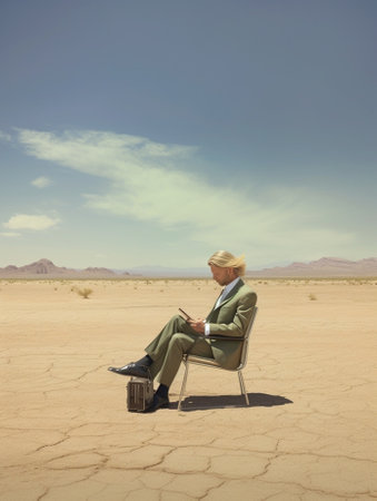 Great place to work Cheerful young man in formalwear working on laptop while sitting on sand in desert : Generative AIの素材