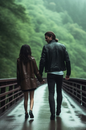 Follow me Beautiful young smiling woman holding hands with her boyfriend while walking on the suspension bridge : Generative AIの素材