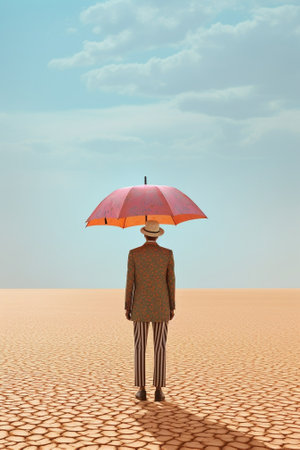 Feeling safe now Confident young man in formalwear holding umbrella overhead while standing in desert : Generative AIの素材