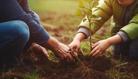 Good day for gardening Happy young man planting a tree while his little son helping him : Generative AIの素材