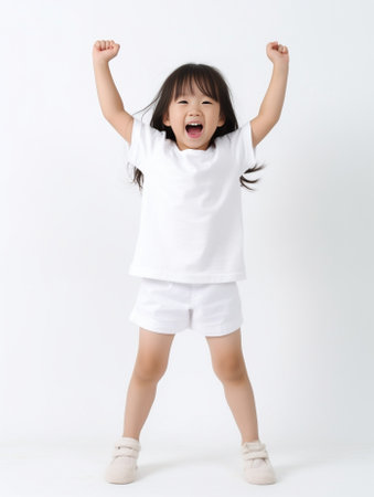 Happy little girl Cheerful little girl shouting and holding hands near mouth while standing isolated on white : Generative AIの素材