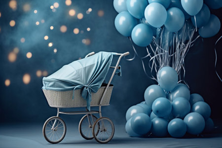 Happy redhead man holding baby stroller shaped balloon while standing against blue background : Generative AIの素材