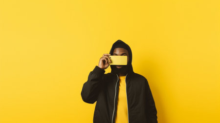Frustrated young African man in casual clothing holding face in hands while standing against yellow background : Generative AIの素材
