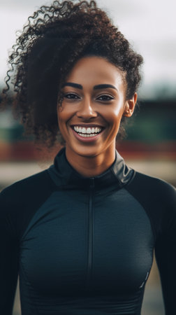Fit and beautiful Beautiful young woman in sports clothing smiling and looking a camera while standing outdoors : Generative AIの素材