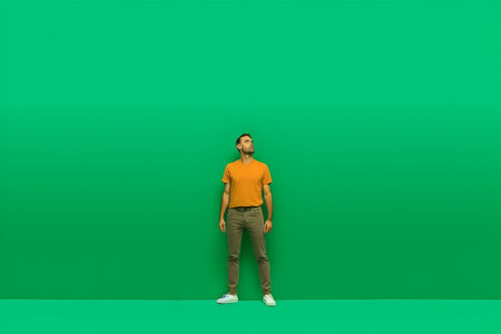 Happy young man looking at the copy space while standing against green background : Generative AIの素材