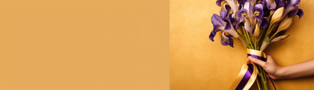 Happy woman stretching out bouquet with yellow tulips while standing against purple background : Generative AIの素材