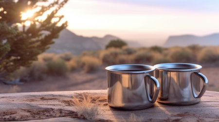 Fresh coffee to continue the adventure Close up of young couple holding mugs while enjoying the view of mountain range from their tent : Generative AIの素材
