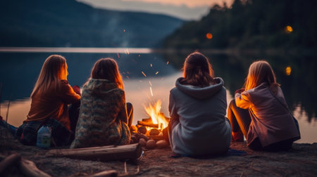 Great warm evening Close up of young people eating roasted marshmallows while camping near the lake : Generative AIの素材