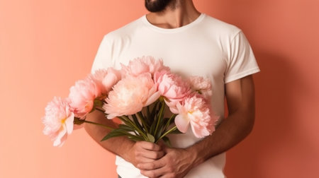 Happy Indian man holding bouquet of tulips and leaning on copy space against pink background : Generative AIの素材
